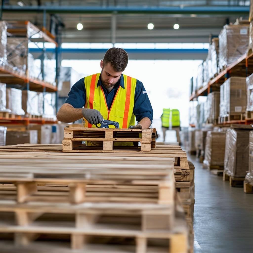 The image depicts a wellorganized warehouse with rows of wooden pallets stacked neatly