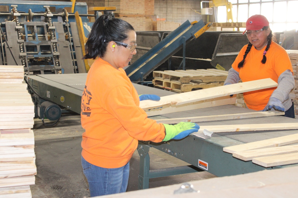 Women working in recycled pallet plant
