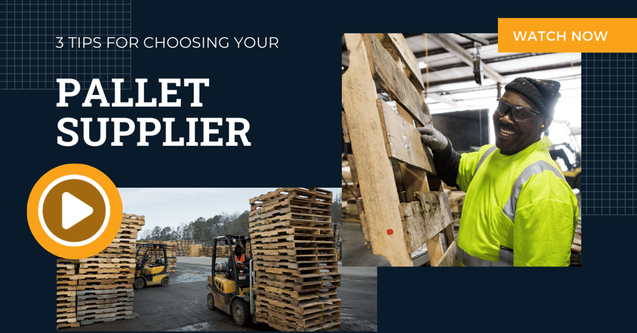 Photos of forklift in pallet yard and pallet builder with title text